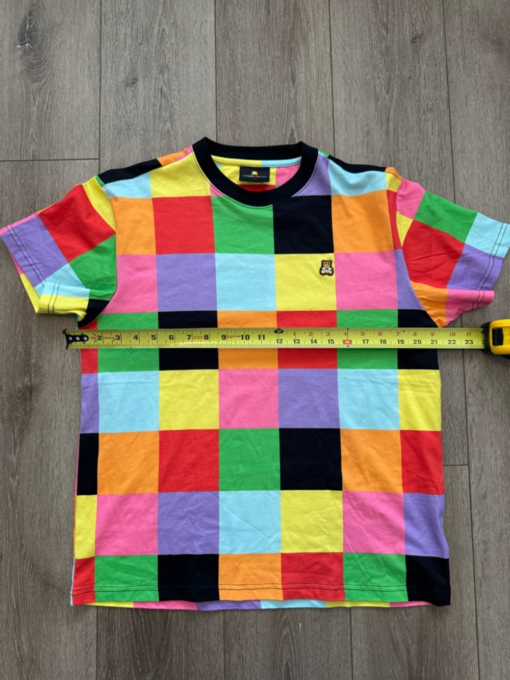 Teddy Fresh Colorblock Patchwork Tee Rainbow Checkerboard Streetwear S - Picture 8 of 9